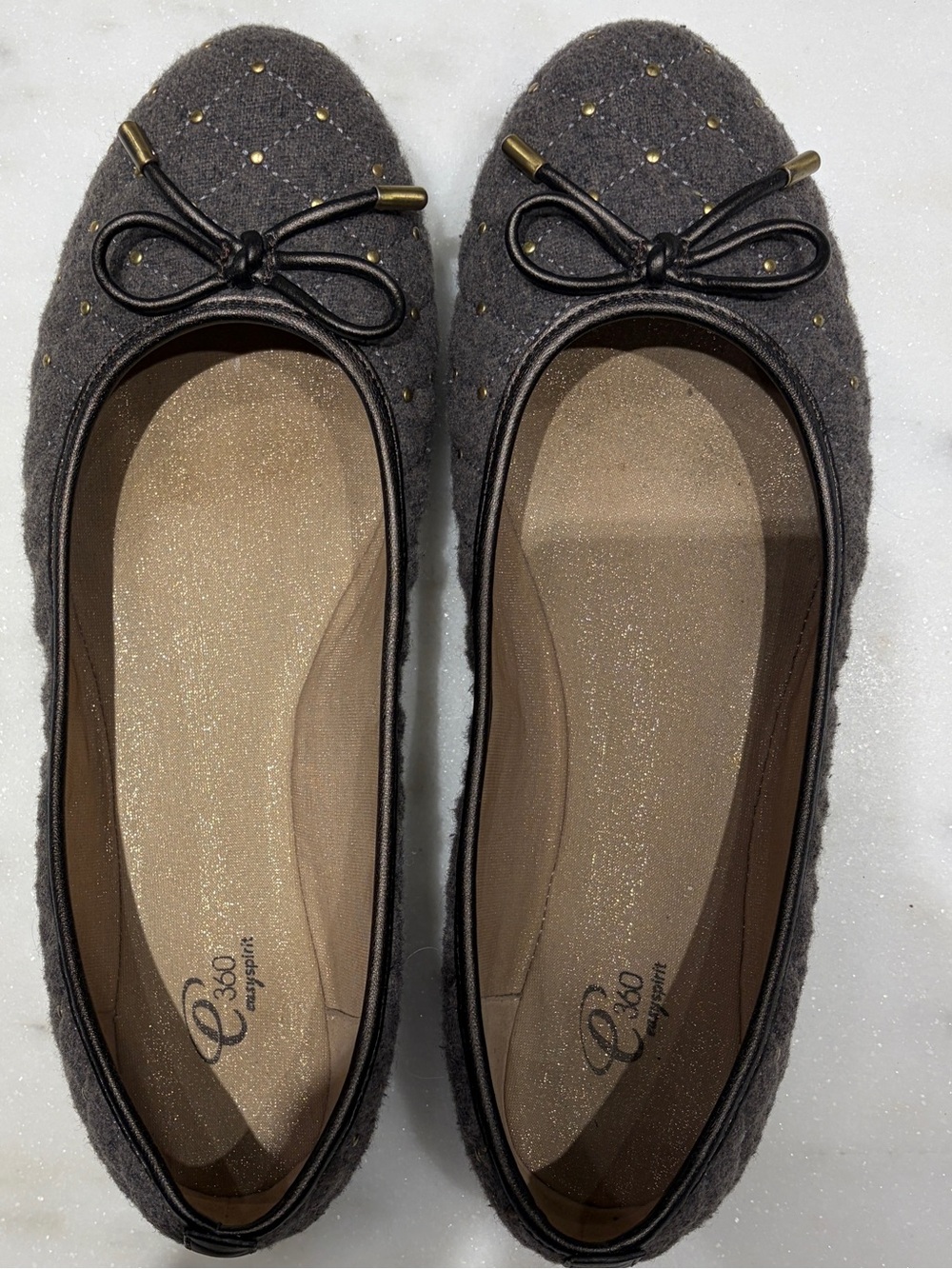 Easy Spirit Gray Quilted Ballet Flats  Bow and Gold Accents